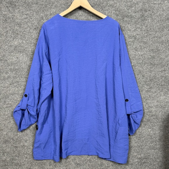 Ali Miles Plus Size 3X Top Blue Cotton Blend Roll Tab Sleeves High Low V Neck - Picture 2 of 7